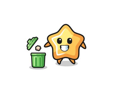 Çöp kutusuna çöp atan yıldızın çizimi, şirin bir tasarım.