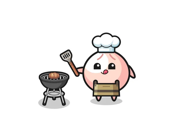 Meatbun Barbacoa Chef Con Parrilla Lindo Diseño — Vector de stock