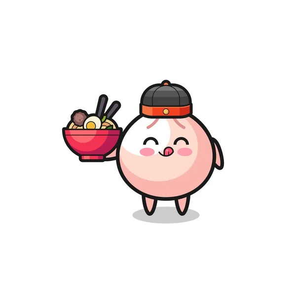 Meatbun Comme Mascotte Chef Chinois Tenant Bol Nouilles Design Mignon — Image vectorielle