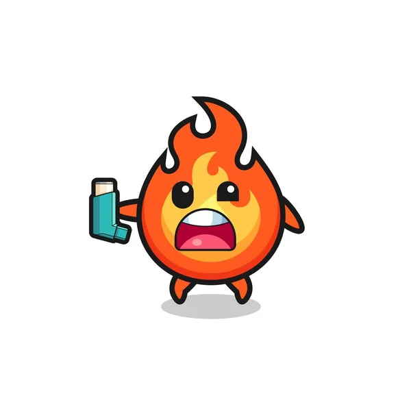 Fire Mascot Having Asthma While Holding Inhaler Cute Design — 图库矢量图片