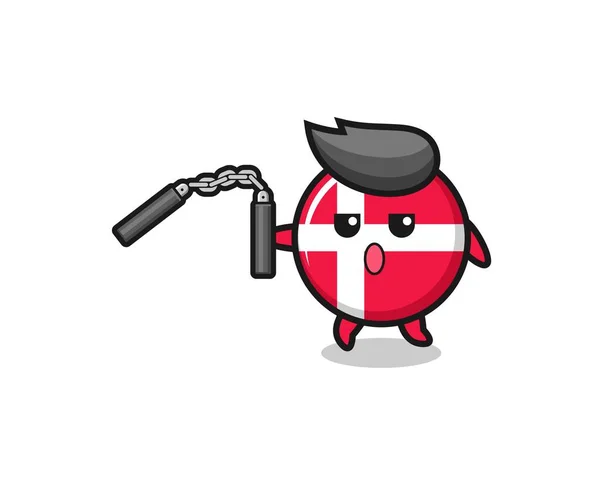 Karikatur Der Dänischen Flagge Mit Nunchaku Niedlichem Design — Stockvektor