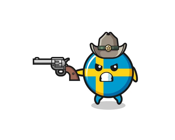 Svéd Zászló Cowboy Lövés Egy Pisztollyal Aranyos Design — Stock Vector