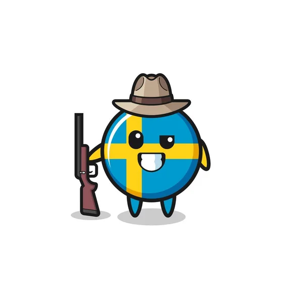 Σουηδική Σημαία Κυνηγός Μασκότ Κρατώντας Ένα Όπλο Χαριτωμένο Σχεδιασμό — Διανυσματικό Αρχείο