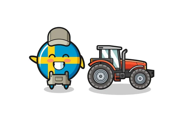Sweden Flag Farmer Mascot Standing Tractor Cute Design — Stock Vector