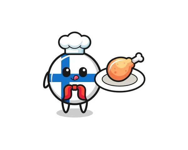 Finland Vlag Gebakken Kip Chef Kok Cartoon Karakter Schattig Ontwerp — Stockvector