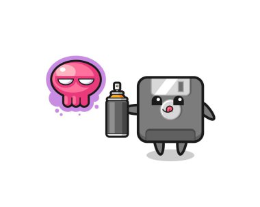 Disket karikatürü sprey boyalı bir graffiti yapıyor, şirin bir tasarım.