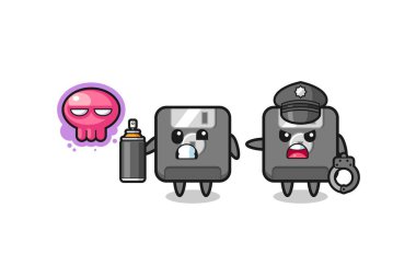 Disket karikatürü vandallık yapıyor ve polis tarafından yakalandı, şirin bir tasarım.