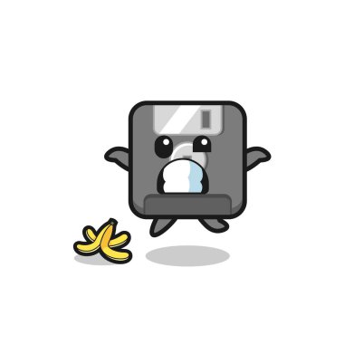 Disket karikatürü muz kabuğunda kayar, şirin tasarım.