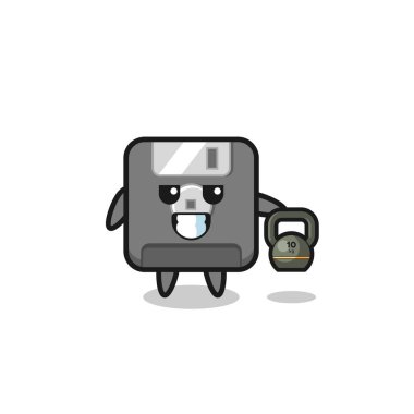 Disket maskotu spor salonunda kettlebell kaldırıyor, şirin bir tasarım.