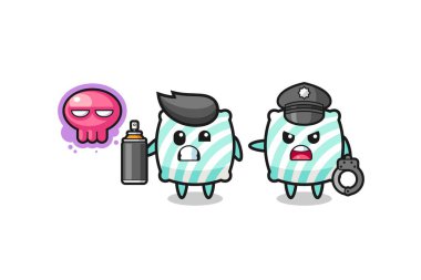 Yastık çizgi filmi vandallık yapıyor ve polis tarafından yakalandı, şirin bir tasarım.