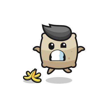 Çuval karikatürü muz kabuğuna basıyor, şirin tasarım.