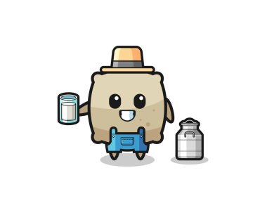 Süt çiftçisi rolünde çuval çizgi filmi, şirin bir tasarım.