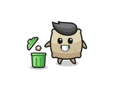 Çöp tenekesine çöp atan çuvalı betimleme, şirin bir tasarım.