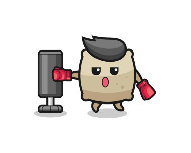 Çuval boksör çizgi filmi kum torbasıyla antrenman yapıyor, şirin tasarım.