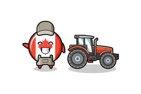 Kanadský Vlajkový Farmář Maskot Stojící Vedle Traktoru Roztomilý Design — Stockový vektor