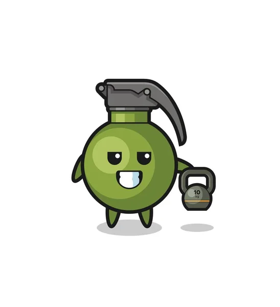 Grenade Mascot Lifting Kettlebell Gym Cute Design — Stock vektor