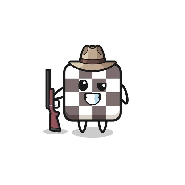 Échiquier Chasseur Mascotte Tenant Pistolet Design Mignon — Image vectorielle