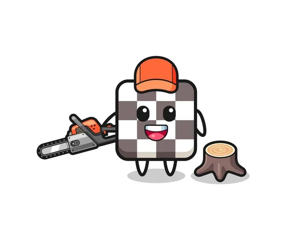 Chess Board Lumberjack Character Holding Chainsaw Cute Design — Stock Vector