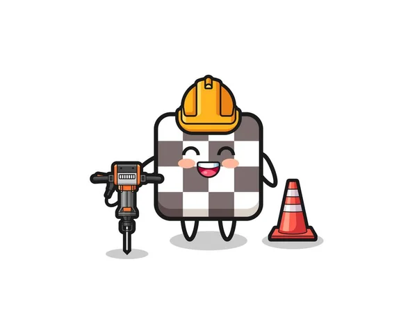 Road Worker Mascot Chess Board Holding Drill Machine Cute Design — Stock Vector