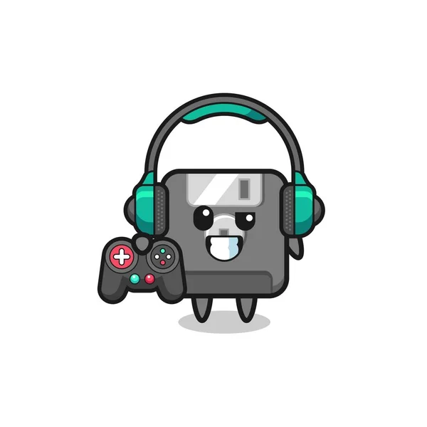 Disquete Disco Gamer Mascota Celebración Controlador Juego Lindo Diseño — Vector de stock