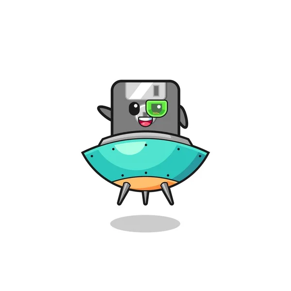 Floppy Disk Cartoon Riding Future Spaceship Cute Design — Stock vektor