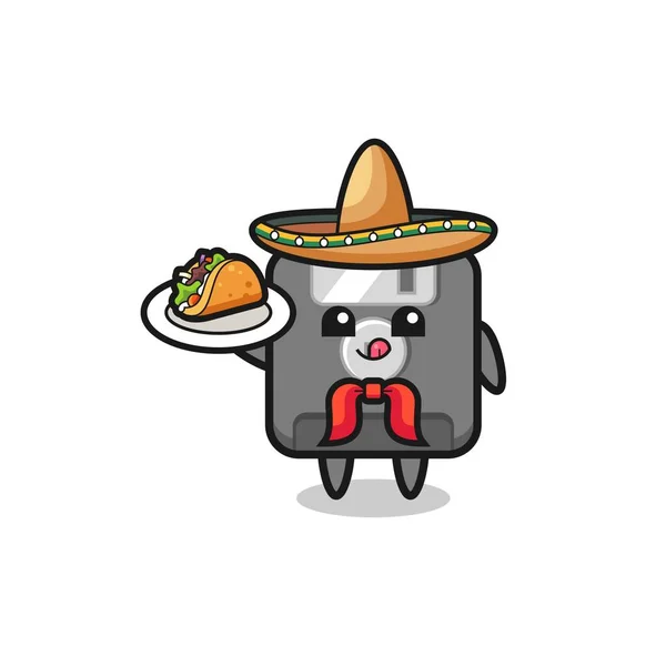 Disquette Mexicaine Chef Mascotte Tenant Taco Design Mignon — Image vectorielle