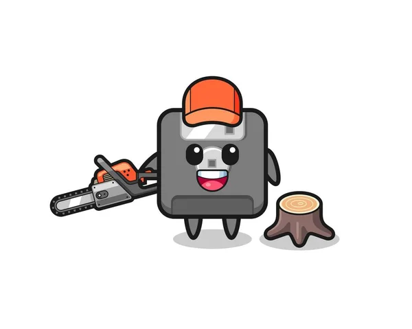 Floppy Disk Lumberjack Character Holding Chainsaw Cute Design — Stock Vector