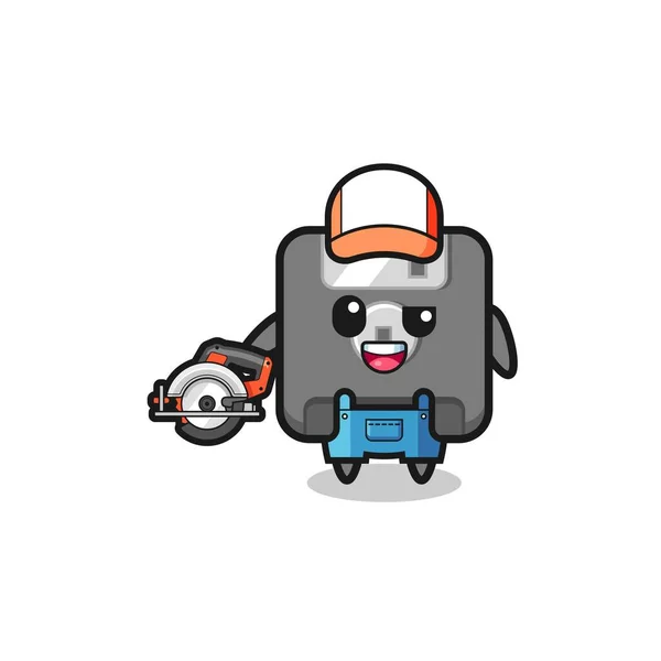 Woodworker Floppy Disk Mascot Holding Circular Saw Cute Design — 图库矢量图片