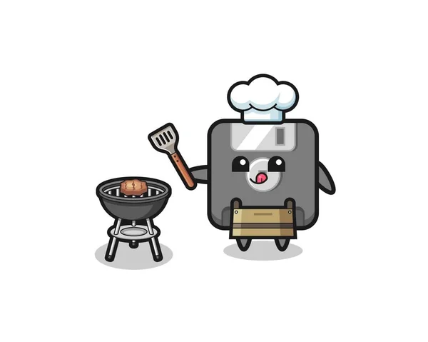 Floppy Disk Chef Barbecue Con Griglia Design Carino — Vettoriale Stock