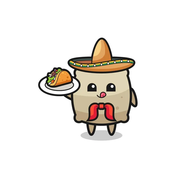 Sack Mexican Chef Mascot Holding Taco Cute Design — Stock vektor