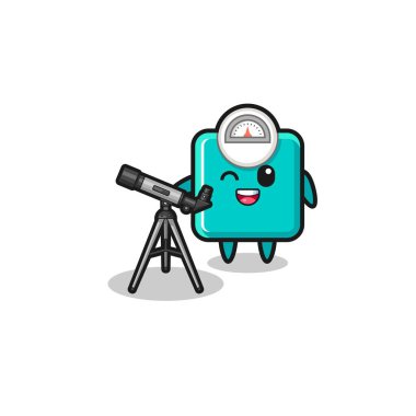 Modern teleskopu olan bir gökbilimci maskotu, şirin bir tasarımı var.