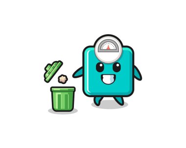 Çöp kutusuna çöp atan ağırlık ölçeğinin çizimi, şirin bir tasarım.