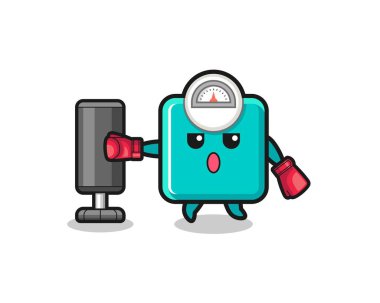 Ağırlık ölçeği boksör çizgi filmi kum torbasıyla antrenman yapıyor, şirin tasarım.