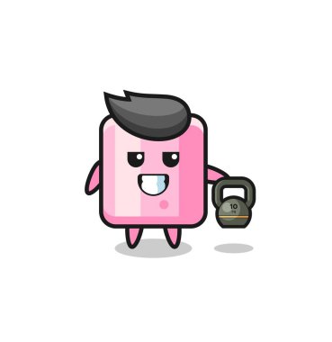 Marshmallow maskotu jide kettlebell kaldırıyor.