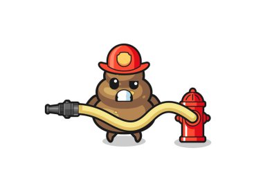 Su hortumlu itfaiyeci maskotu olarak kaka çizgi filmi, şirin bir tasarım.