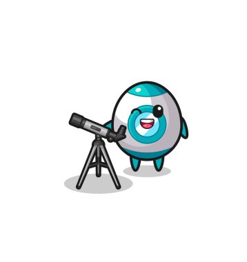 Modern teleskopu olan roket astronom maskotu, şirin bir tasarım.