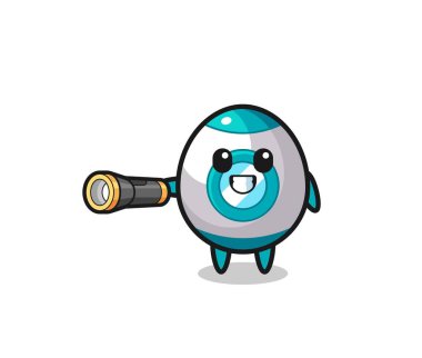 Roket maskotu elinde fener, şirin tasarım.