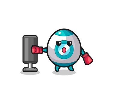 Roket boksör çizgi filmi kum torbasıyla antrenman yapıyor, şirin tasarım.