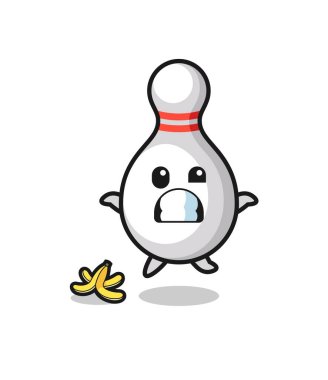 Bovling pin karikatürü muz kabuğunda kayar, şirin bir tasarım.