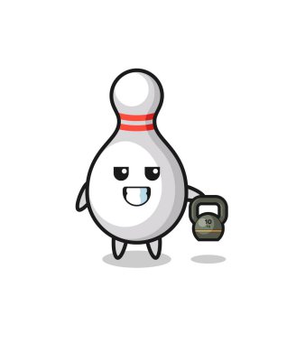 Bowling maskotu spor salonunda kettlebell kaldırıyor, şirin bir tasarım.