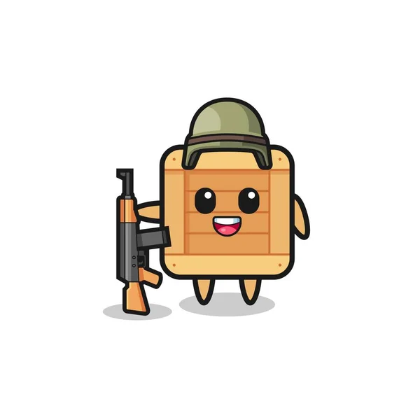 Cute Wooden Box Mascot Soldier Cute Design — 图库矢量图片