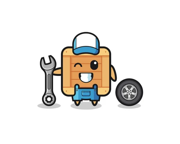 Wooden Box Character Mechanic Mascot Cute Design — Stock vektor