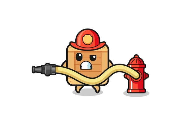 Wooden Box Cartoon Firefighter Mascot Water Hose Cute Design — Stock Vector