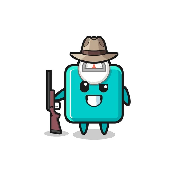 Weight Scale Hunter Mascot Holding Gun Cute Design — Stock vektor