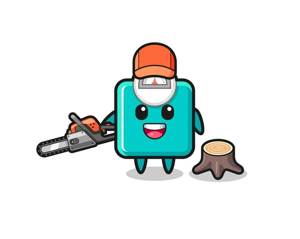 Weight Scale Lumberjack Character Holding Chainsaw Cute Design — Stock vektor