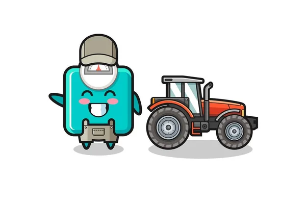 Mascota Agricultor Escala Peso Pie Junto Tractor Lindo Diseño — Vector de stock