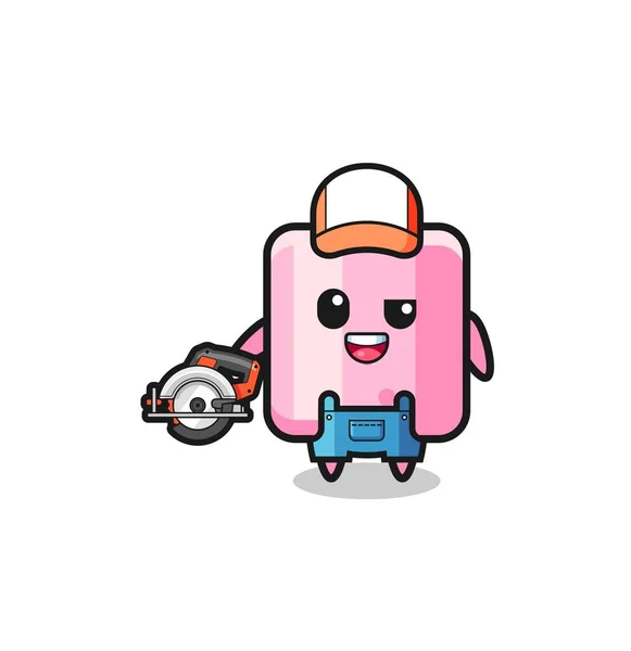 Woodworker Marshmallow Mascot Holding Circular — 图库矢量图片