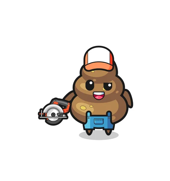 Woodworker Poop Mascot Holding Circular Saw Cute Design — Stock Vector