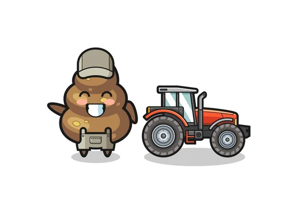 便便便农民吉祥物站在拖拉机旁边 可爱的设计 — 图库矢量图片