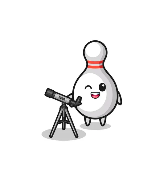 Bowling Pin Astronom Maskot Moderním Dalekohledem Roztomilý Design — Stockový vektor